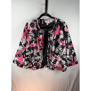 Kim Rogers Pink Black Floral 100% Linen Ruffle Open‎ Front Jacket Womens Large